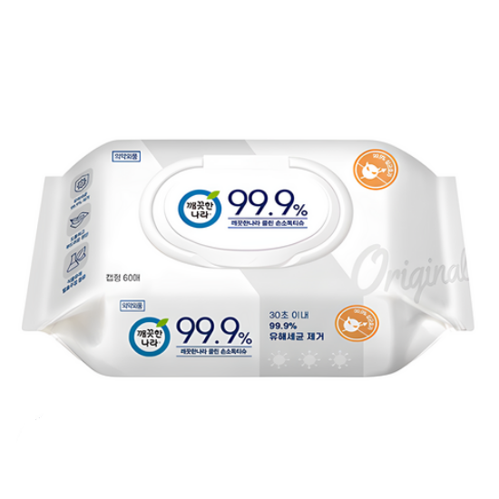 깨끗한나라 클린 손소독 물티슈 프라임급(99.9%) 60매 x 2팩 (대용량)