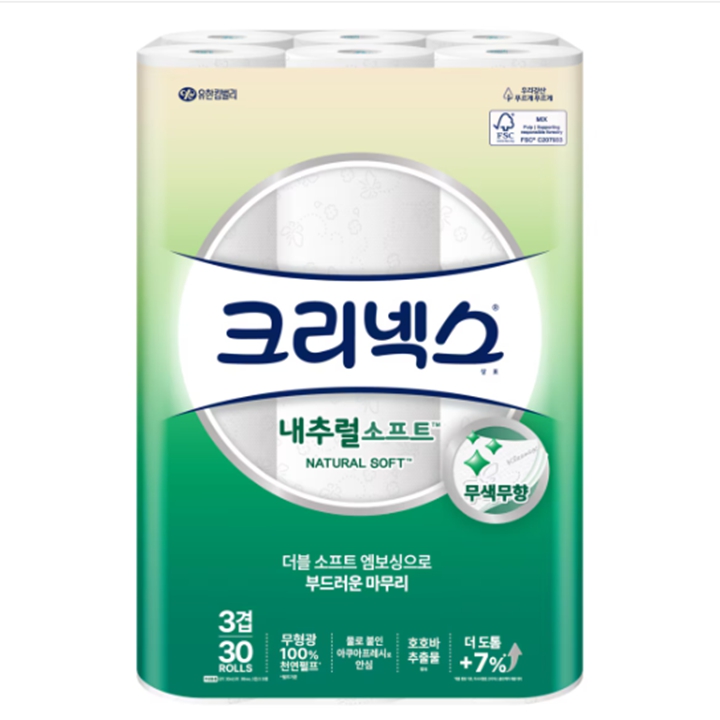 크리넥스 3겹 내추럴 소프트 화장지 30m x 30롤